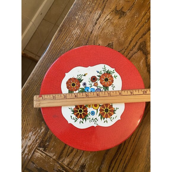 Vintage Round Red Floral Metal Tin Container With Lid Deer Park Wildflower Desig - Picture 6 of 8